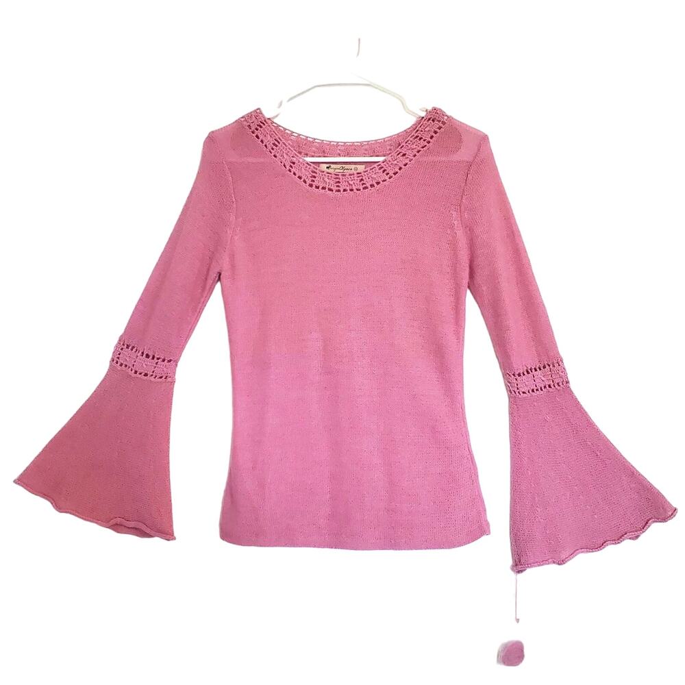 Origin Alpaca Barbie Pink Top Crochet Trim Flare Bell Sleeves Fairycore NWT M